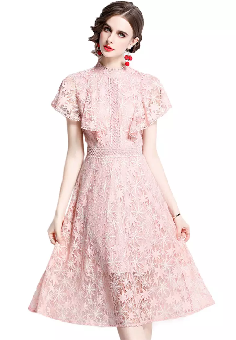 V Neck Layered Hem Belted Dress  Lace dress with sleeves, Pink