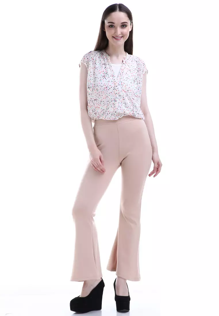 Zahlee Celana Cutbray Wanita Long Pants Woman Highwaist Kasual Bawahan - Cream