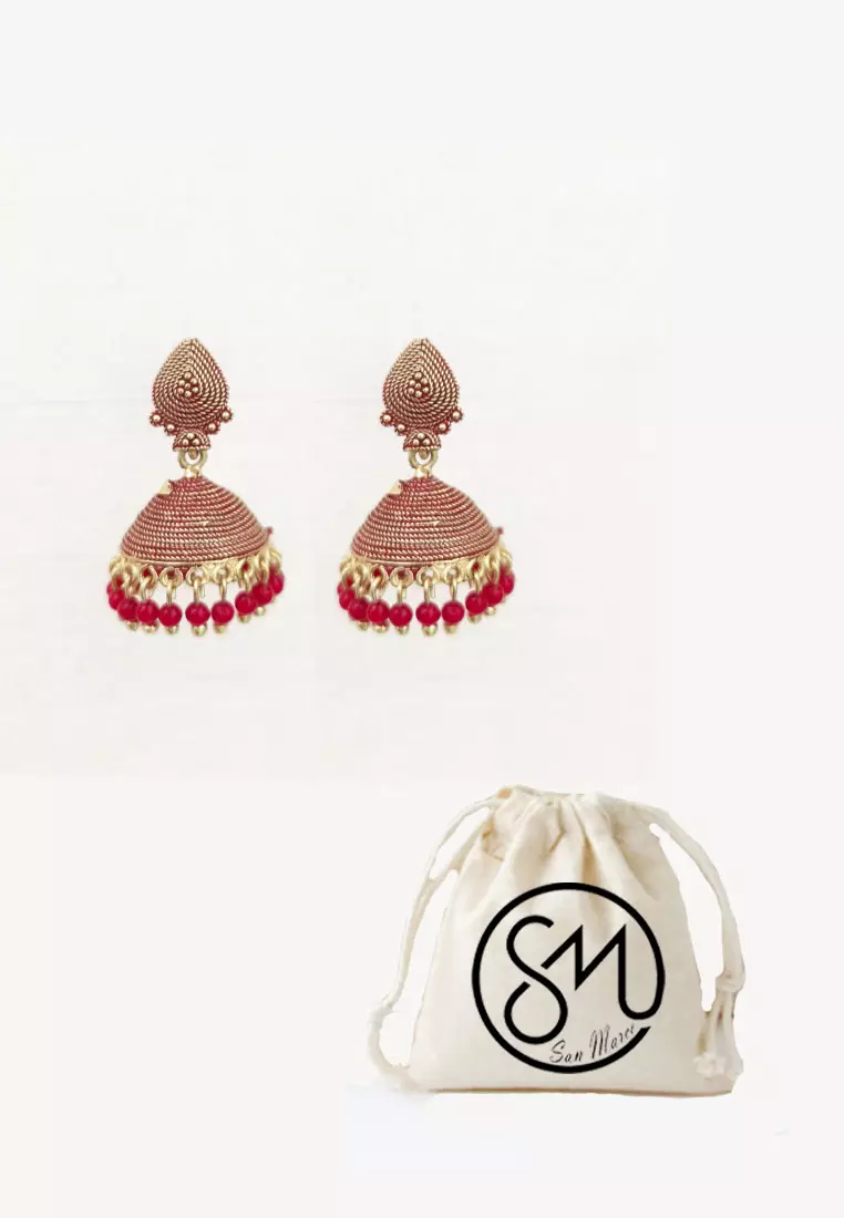 Aksesoris Wanita Dome Jhumka Beads Trinkets Earring Anting Wanita Red