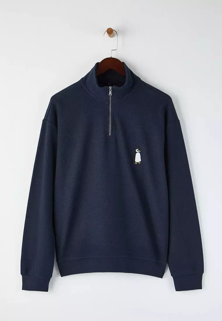 Navy Blue New Oversize/Wide Cut Penguin Embroidered Textured Stand Collar Sweatshirt
