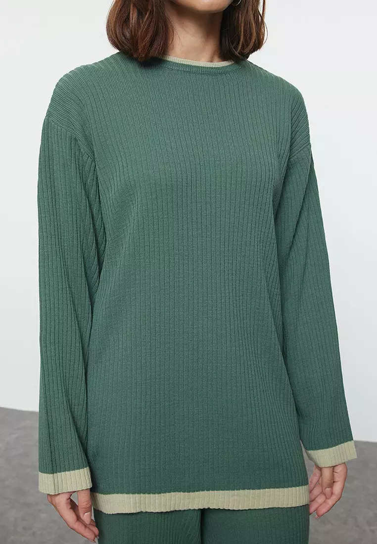 Petrol Green Colored Piping Detailed Knitwear Bottom-Top Set TCTAW25US00059