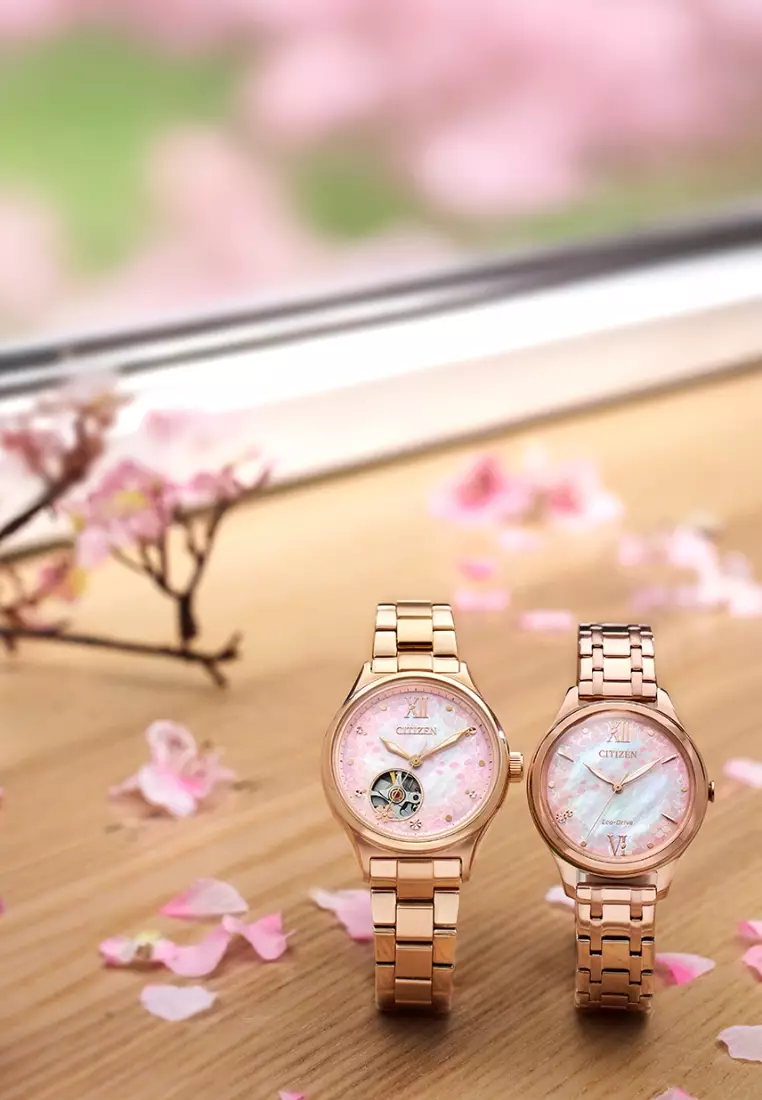 Citizen 西鉄城光動能櫻花限定系列櫻花圖案錶面設計珍珠貝殼錶盤粉紅金電鍍不鏽鋼錶帶女士腕錶 EM0508-98W