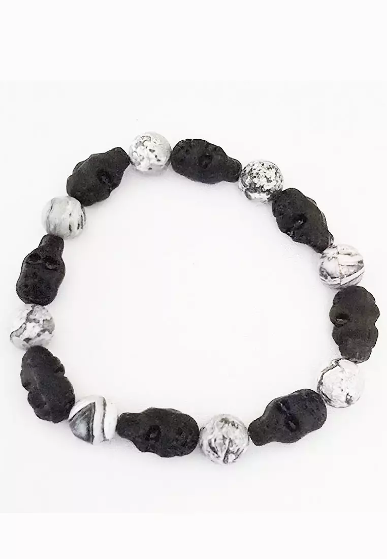 Aksesoris Pria Skull Encarved Premium Howlite Bracelet Black & White