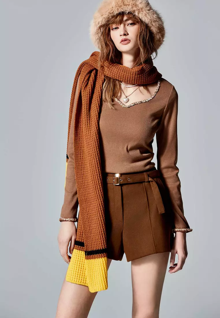 iROO Mid Waist Brown Shorts