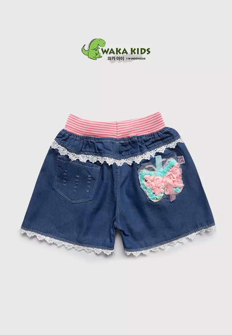 Wakakids Celana Pendek Anak Perempuan Hotpants Jeans West Rib Butterfly Renda 057 Vench