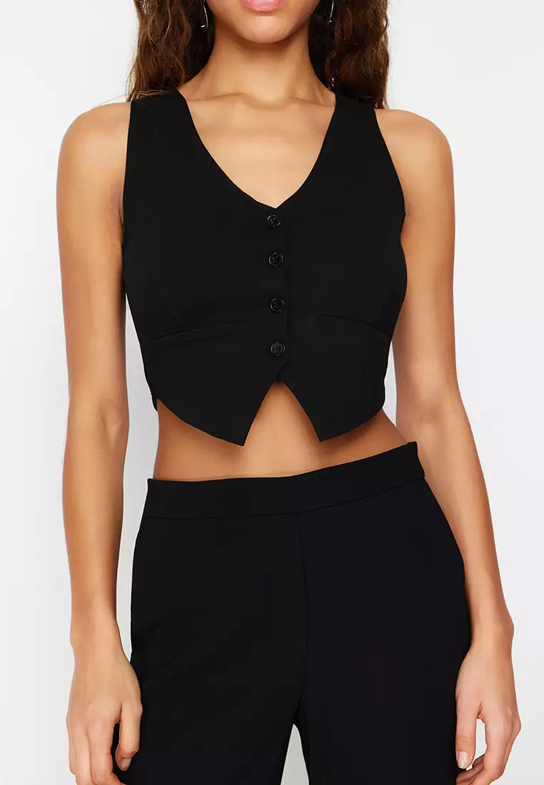 Black Plain Slim Regular Button Detailed Crop Vest