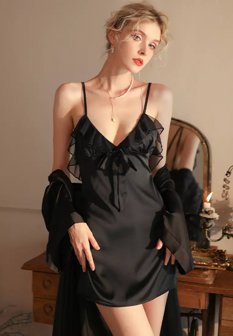 LDZ5059-2女士露背性感睡袍兩件套 黑色