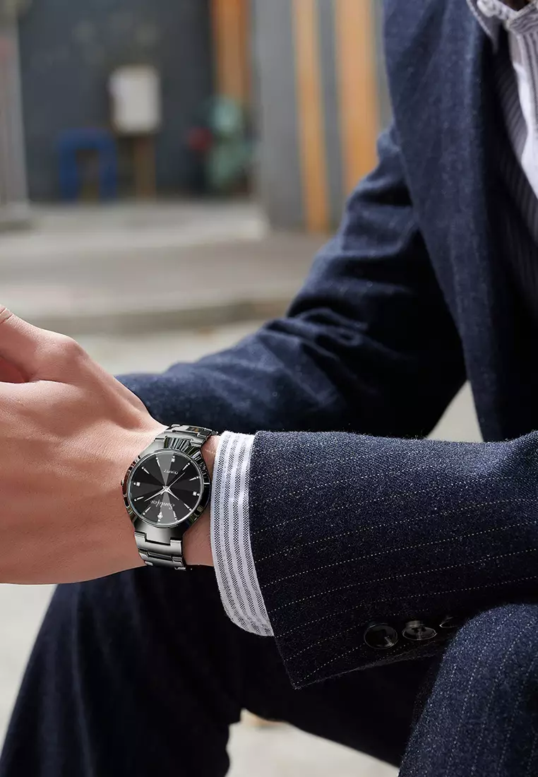 Jam Tangan Pria 9090 Kuarsa Klasik Bisnis Pria Tali Stainless Steel Jam Tangan Cowok Original allblack