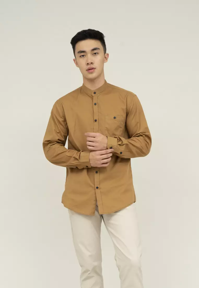 Houseofcuff kemeja Koko Lengan Panjang Pria Coklat