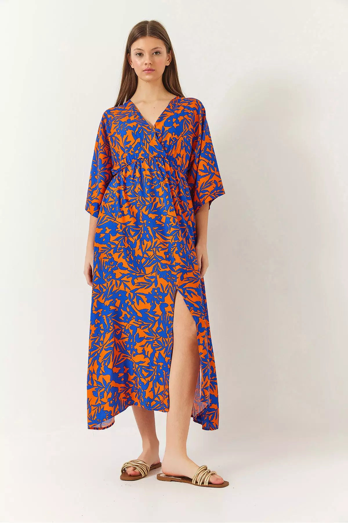 Women's Double Breasted V Neck Front Slit Detail Print Dress 60261411