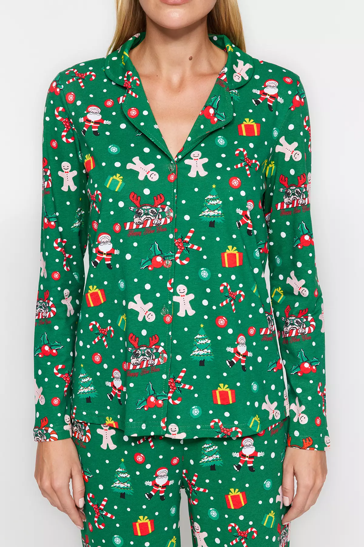 Green 100% Cotton Christmas Themed Knitted Pajama Set
