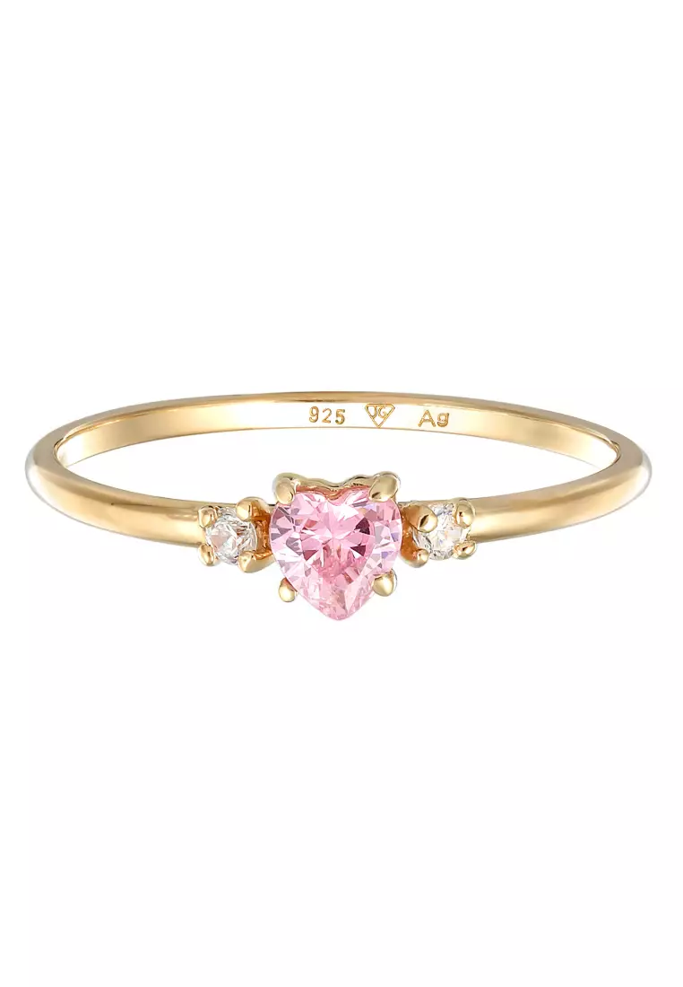 Cincin Perhiasan Perak 925 Wanita Engagement Heart Zirconia Crystal Pink Gold Plated