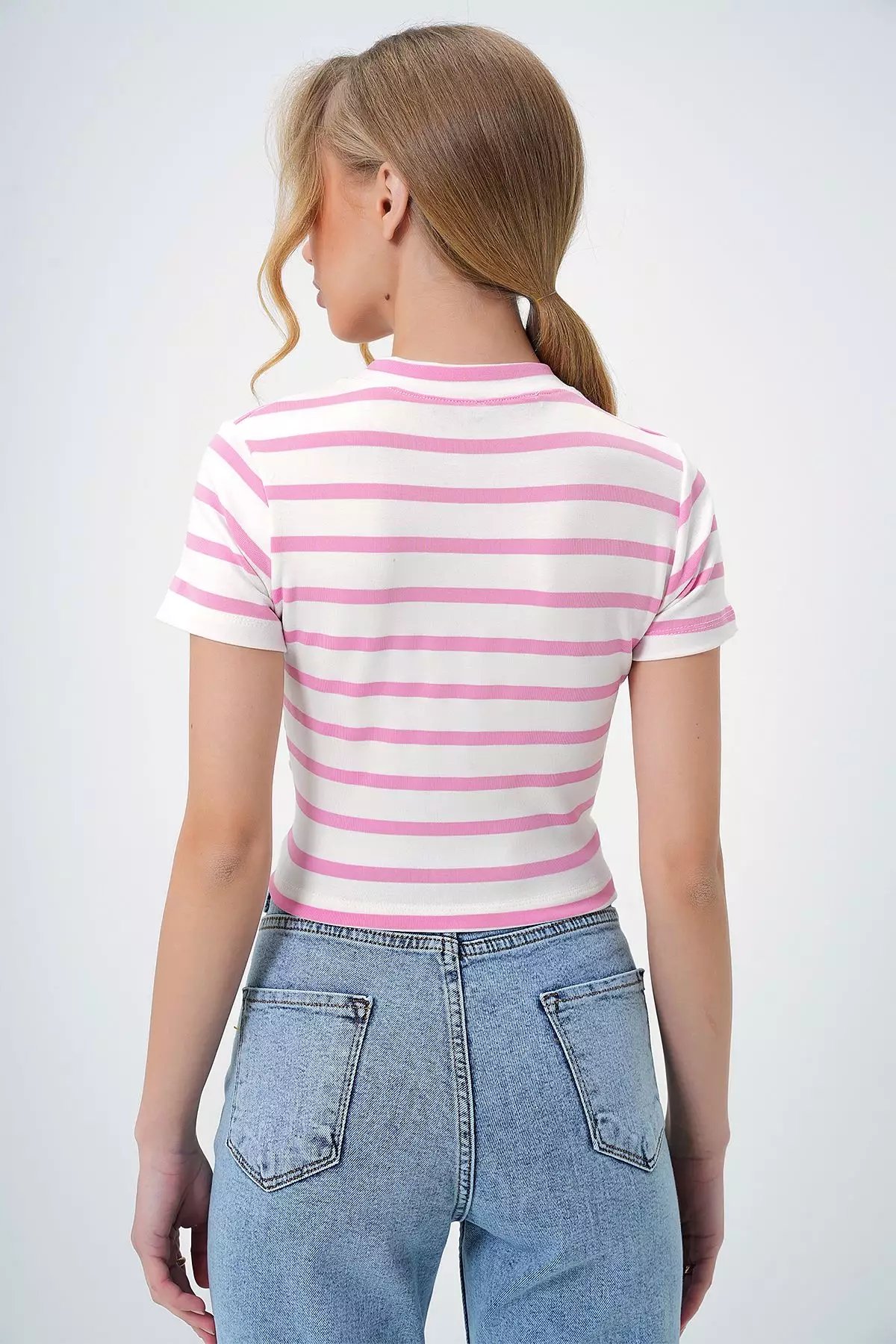 Women's Pink Crew Neck Half Sleeve Striped Crop Blouse
