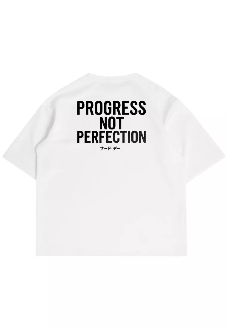 MTW09 Kaos Oversize Gym Bahan Scuba Tebal Scubalux "progress not perfection" putih