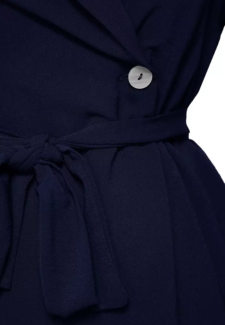 Navy Blue Belted Double Breasted Shirt-Pants Woven Bottom-Top Set TCTSS25US00001