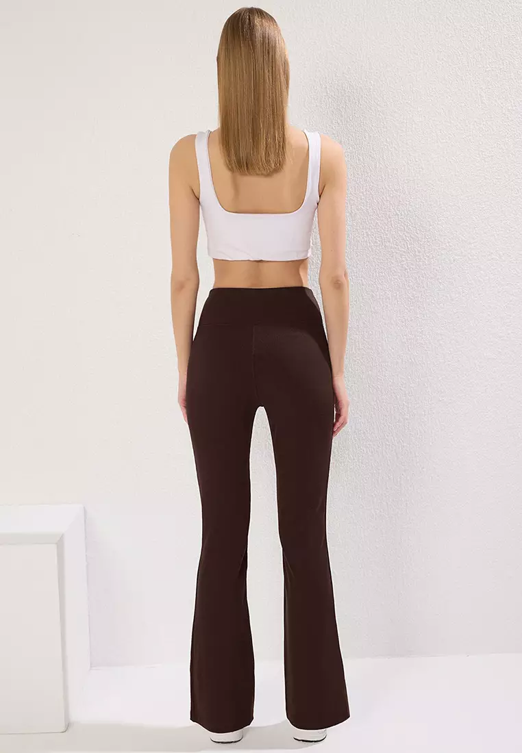 Dark Brown Ribbed Spanish Leg Yoga Knitted Sports Leggings Twoaw23Ty00011