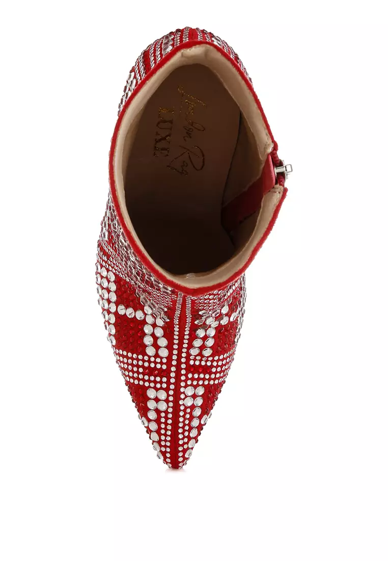 Rhinestones Studded Stiletto Heel Boots in Red