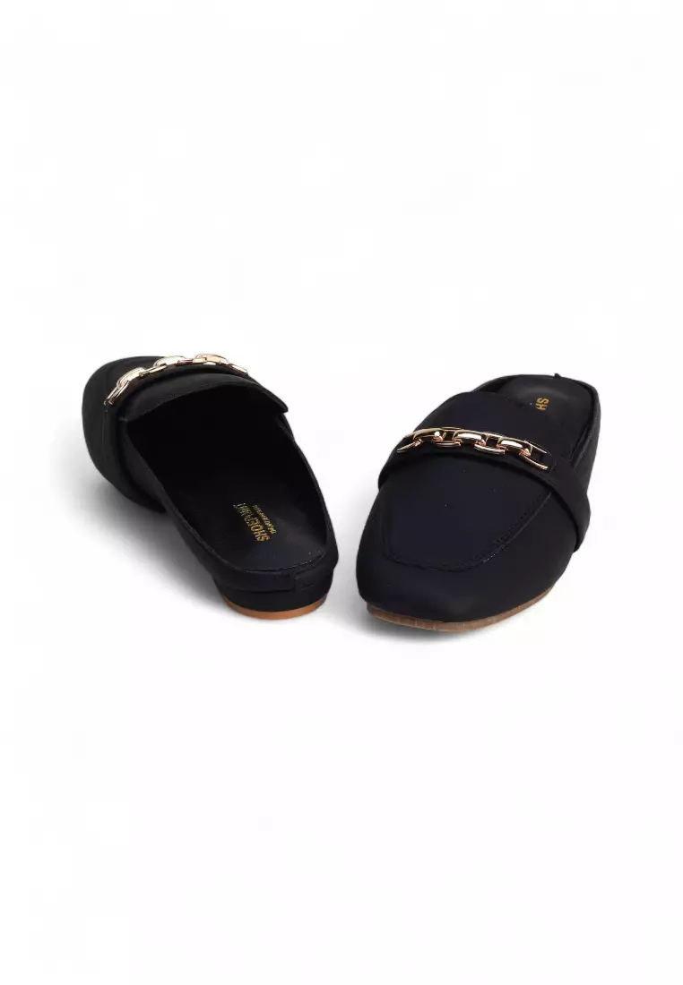 Valeria Chain Classic Low Heels Loafer Mules 89320 in Black