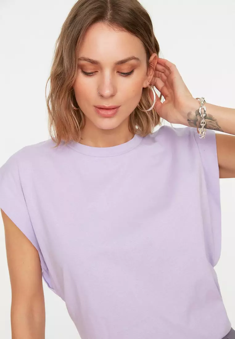 Lilac 100% Cotton Wadding Look Basic Crew Neck Knitted T-Shirt TWOSS20TS0021
