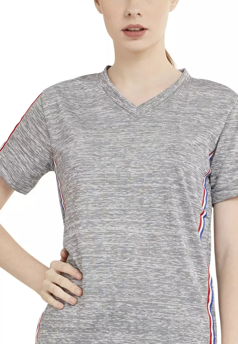 Marsya T-shirt Lengan Pendek Wanita V-neckline Aksen List Baju Atasan Regular Fit - Abu