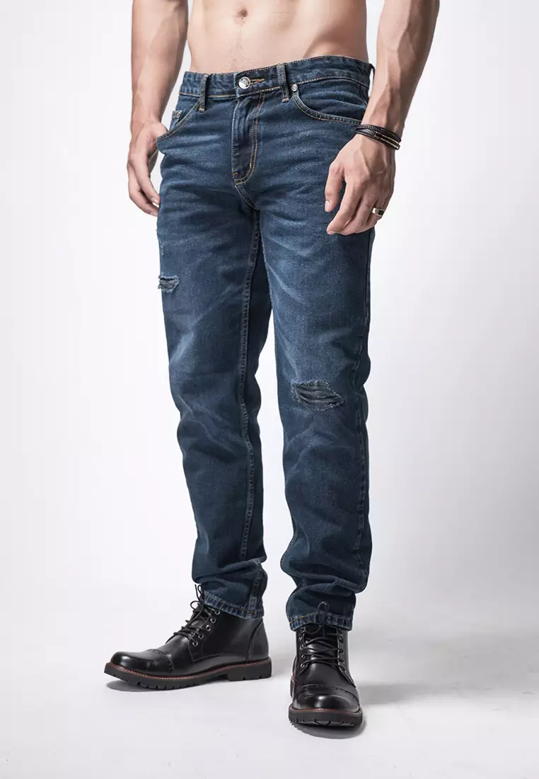 Tapered Fit Jeans Premium Dark Blue Wash Ripped