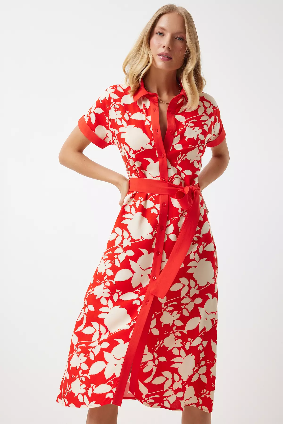 Red Floral Pattern Thin Viscose Summer Dress - Dd01311