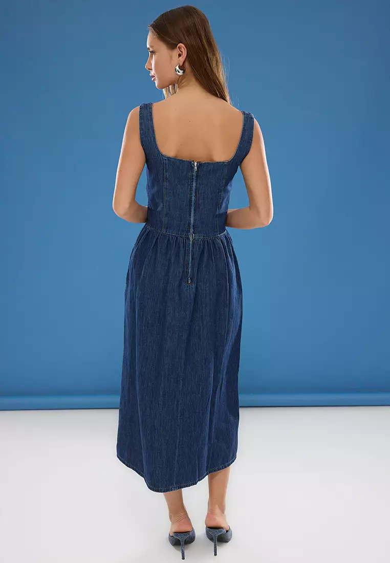 棉質牛仔中長連身裙