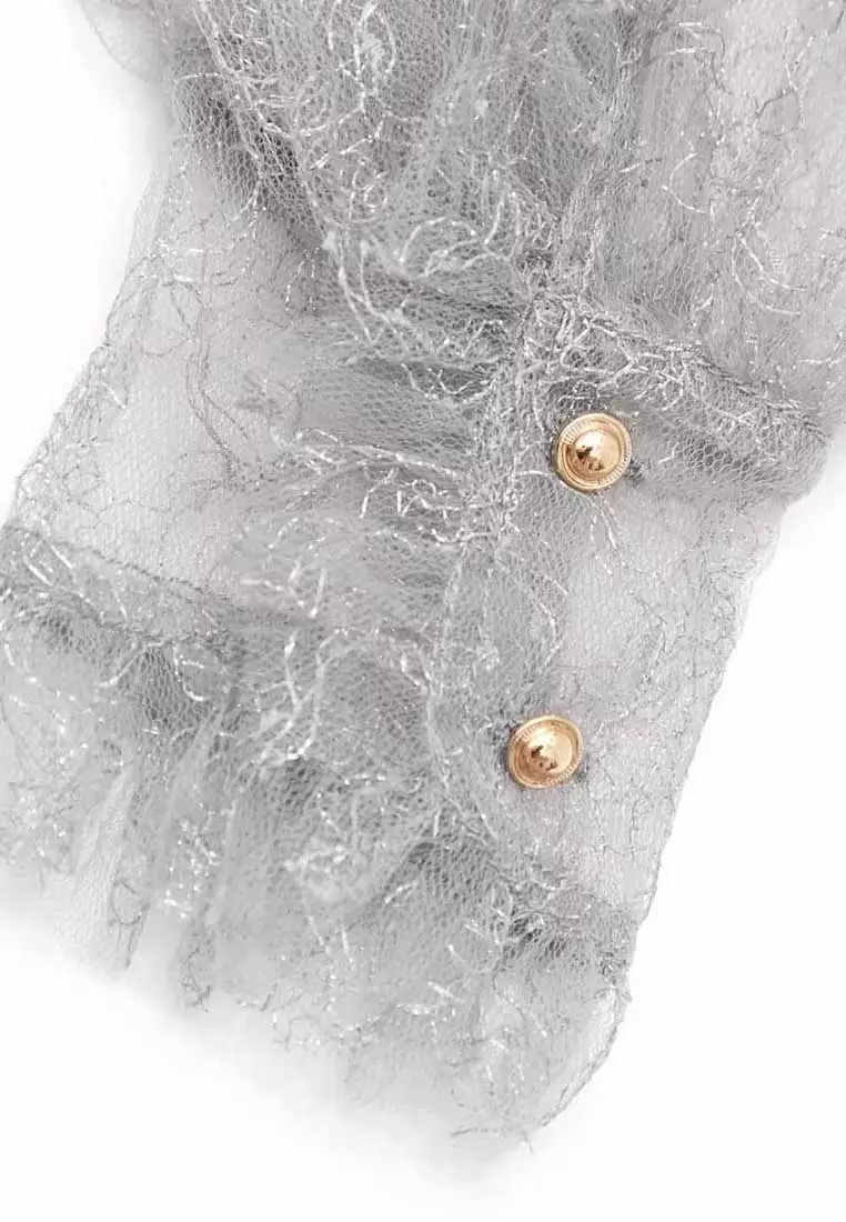 Grey Ribbon Bow Collar Lace Top