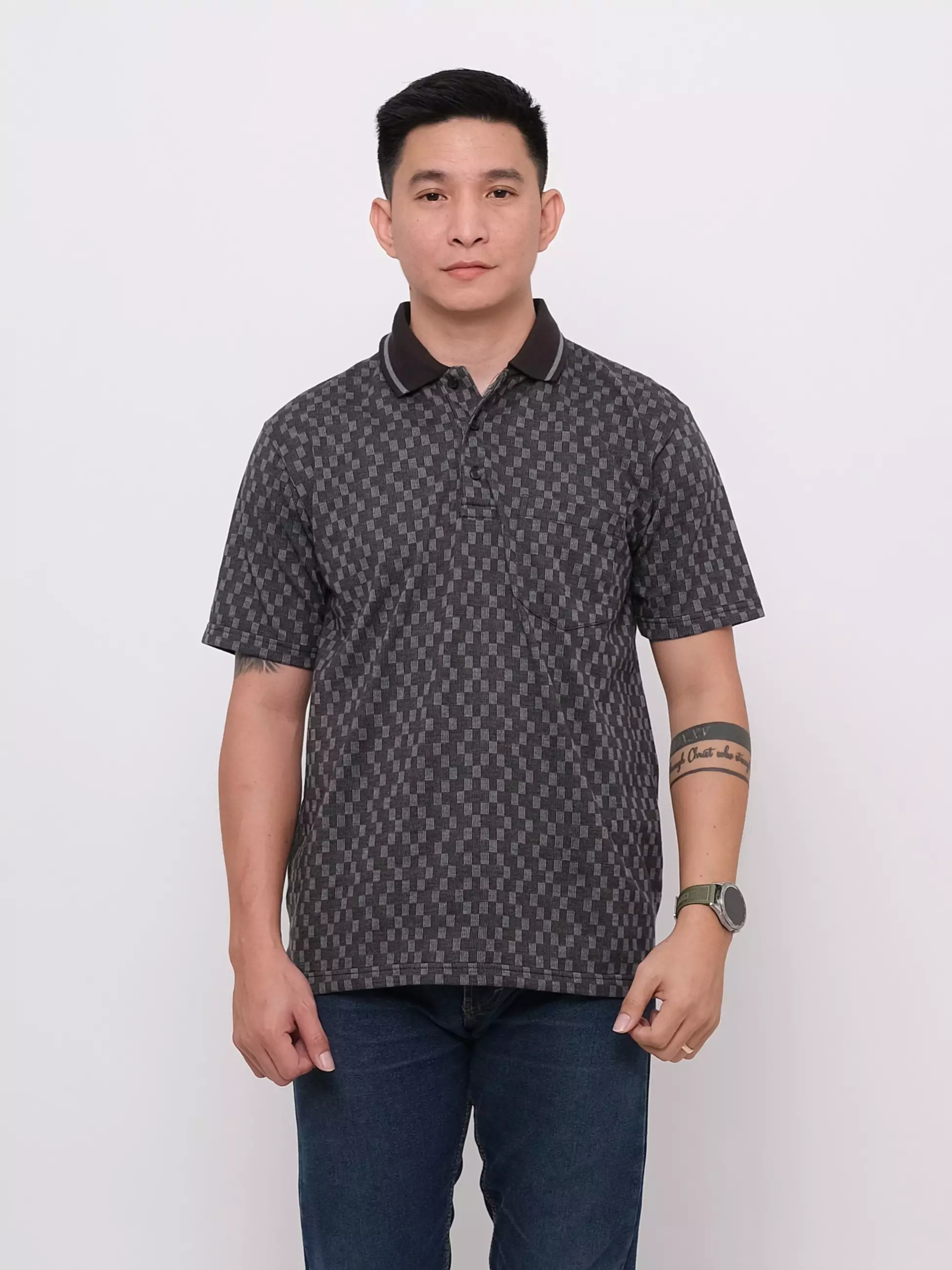 Andre Michel Polo Shirt Lengan Pendek Hitam Motif Kotak 3428