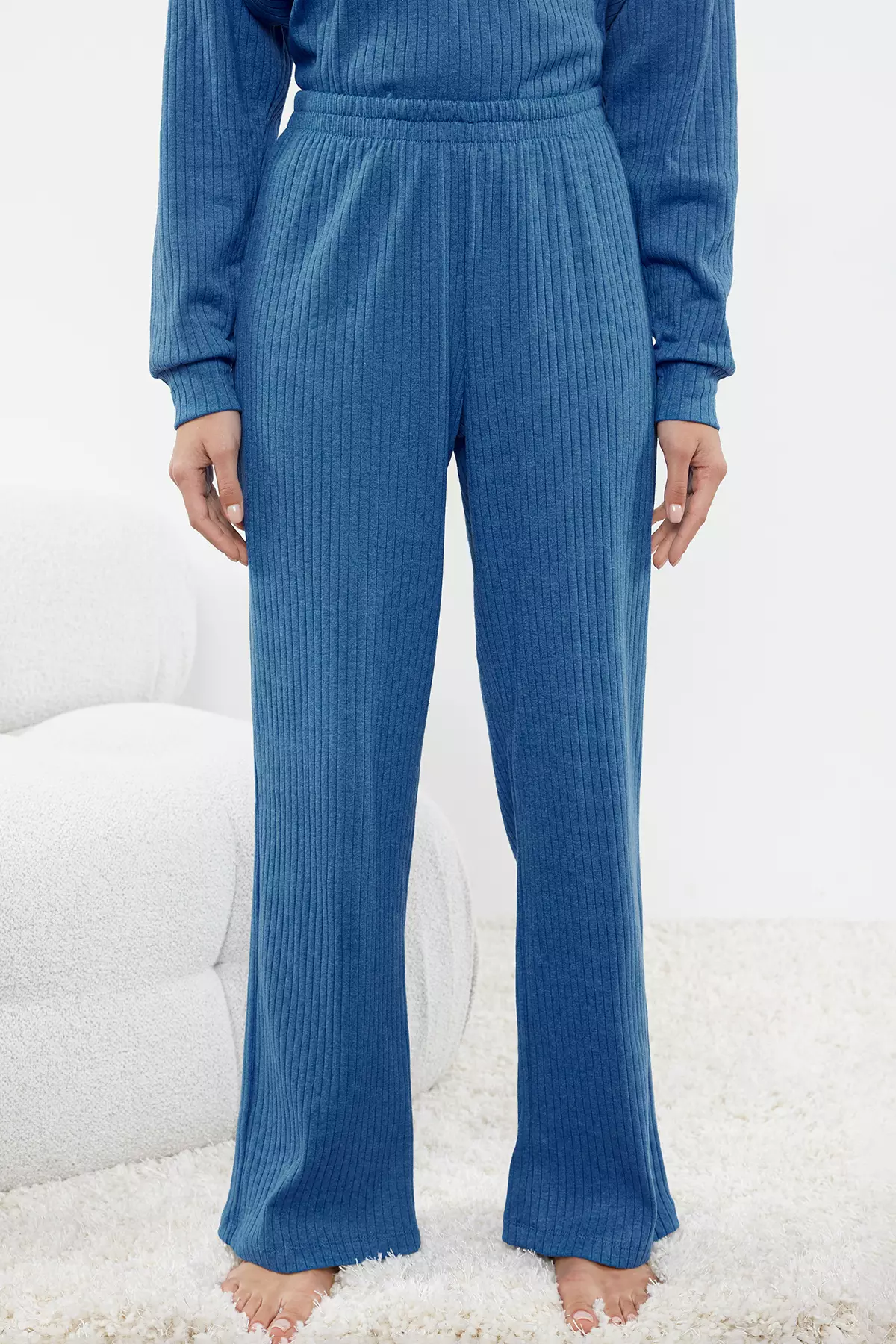 Blue Hooded Ribbed Knitted Pajama Set Thmaw22Au0334