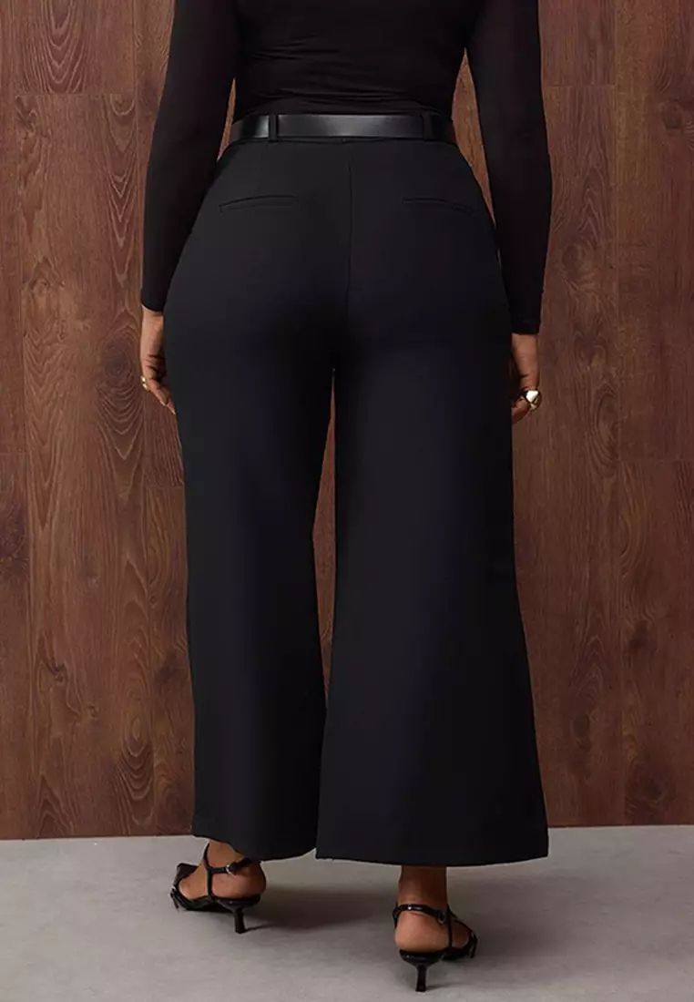 Special Collection Black Wide Leg Premium Belted Plus Size Trousers