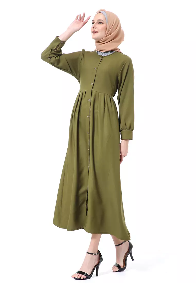 Kiyah Dress Button Muslimah Atasan Wanita Long Sleeve Premium Quality - Army