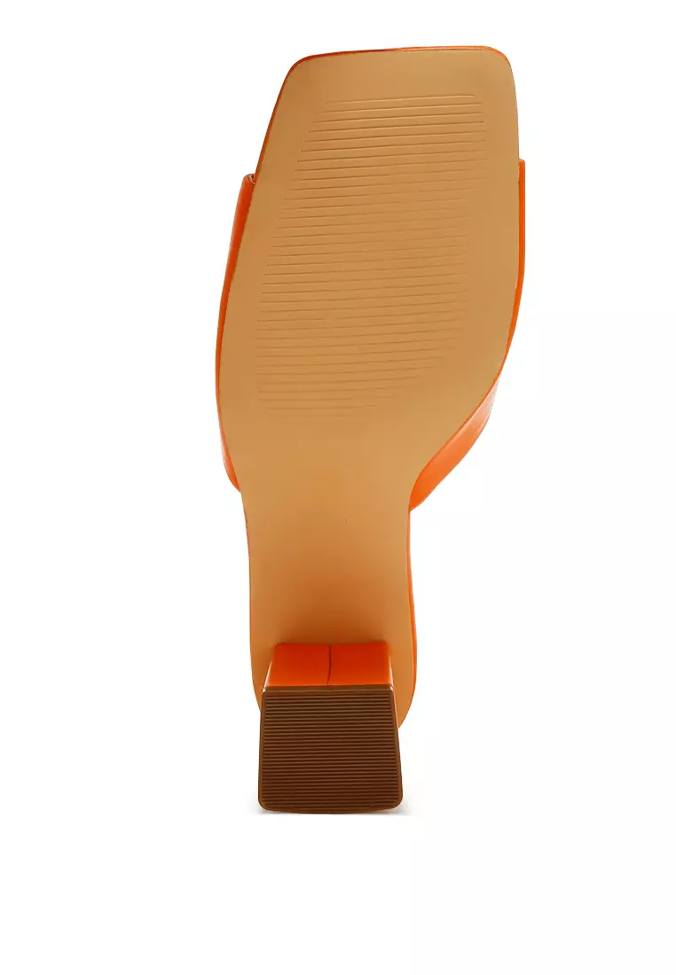 Faux Leather Block Heel Sandals in Orange