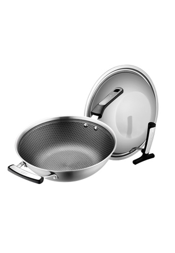 ASD grey ASD 30cm Hybrid 3 Ply Honeycomb Hex Stainless Steel Induction Nonstick Wokpan with Self Standing Lid B3D9EHLC4F2C59GS_1