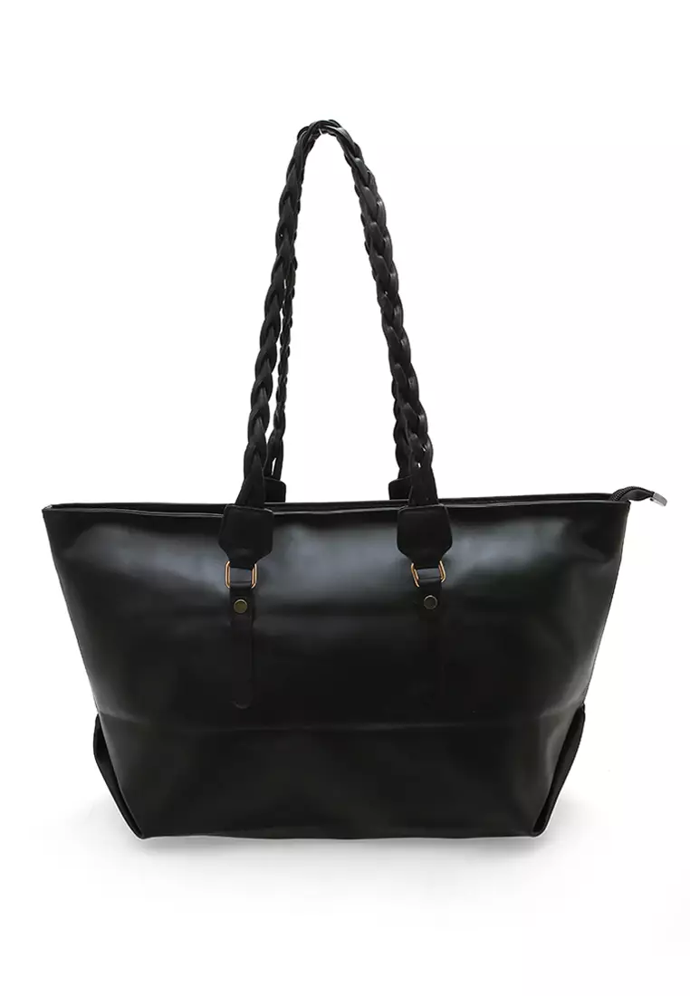 Laura Tote Bag Wanita Tali Desain Kepang Tas Bahu Large Compartment Material Leather ORIGINAL - Black