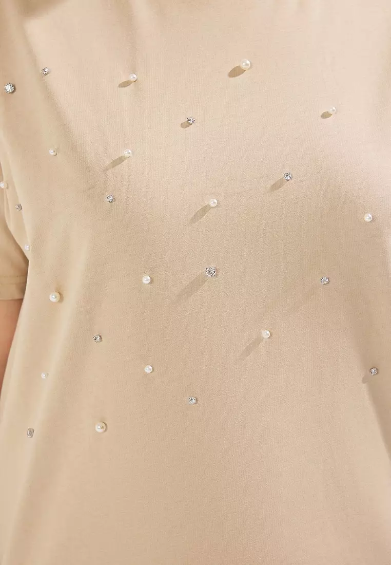 Beige Crew Neck Stoned Plus Size Knitted Dress Tbbss25Ah00057