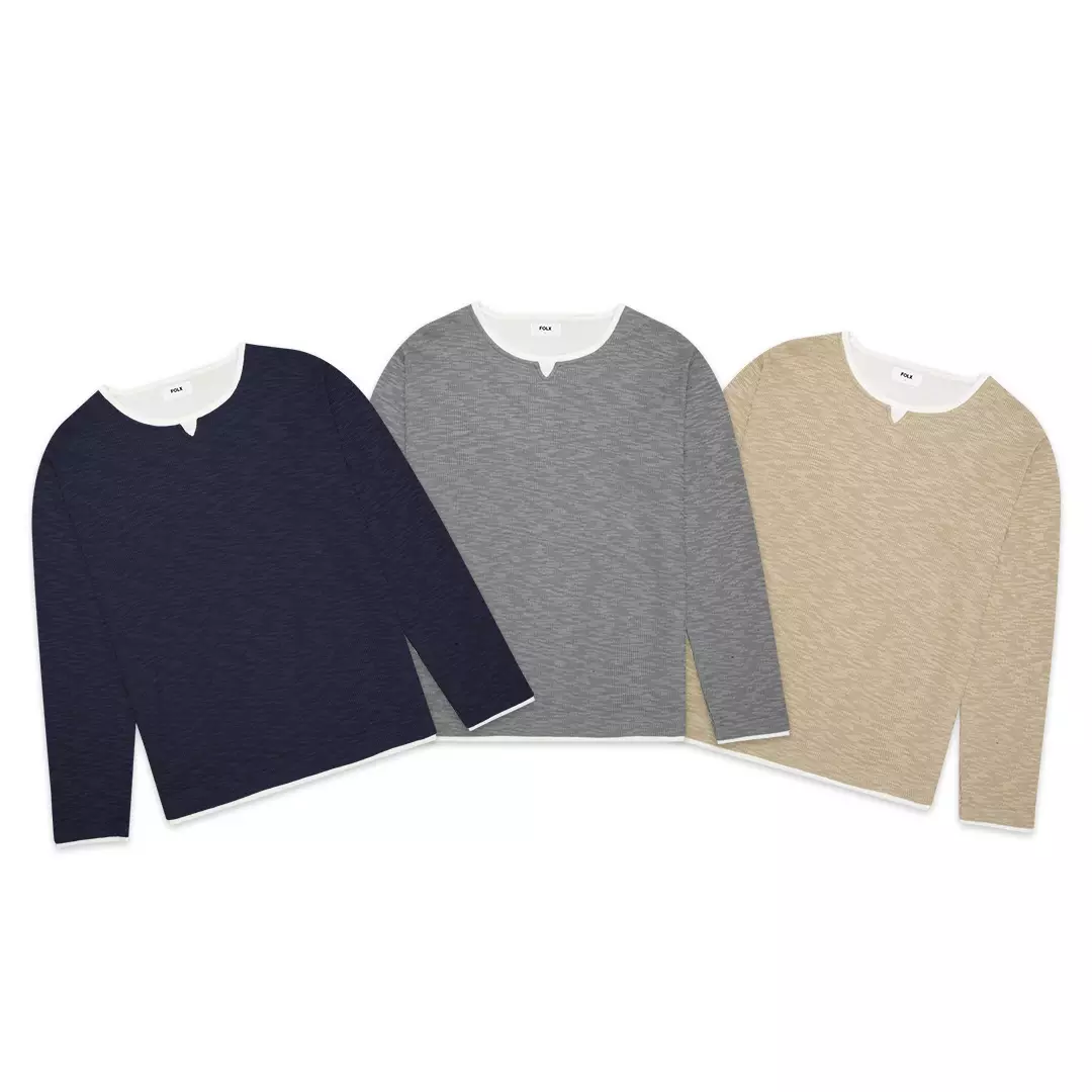 U Collar Faux Layered Long Sleeve T-Shirt Navy