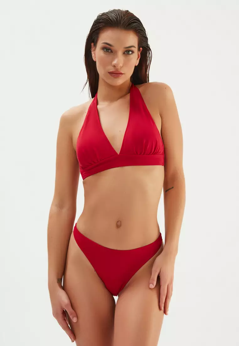 Dark Red Bikini Top, Back Tie, Swimwear for Women