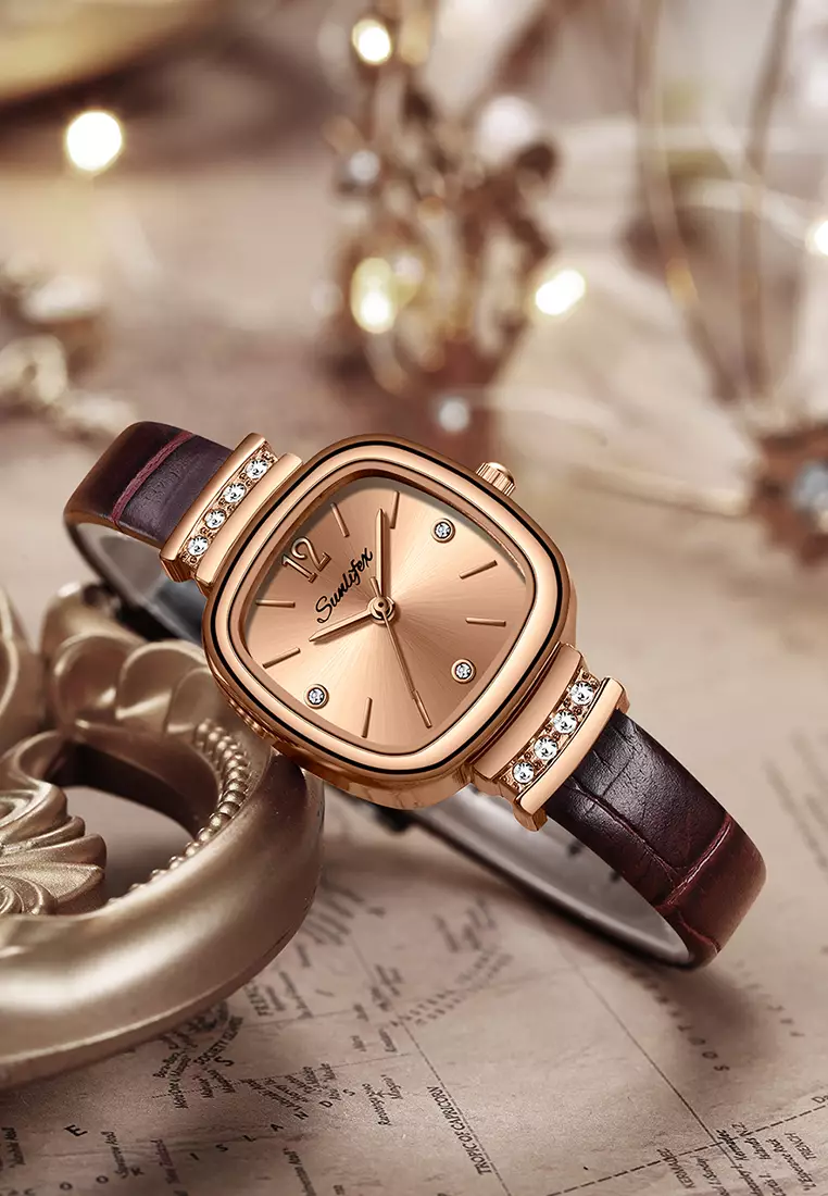 8001 Jam Tangan Wanita Original Berlian Gaya Antik Anggun Jam Kuarsa Tali Kulit Jam Tangan Cewek brown