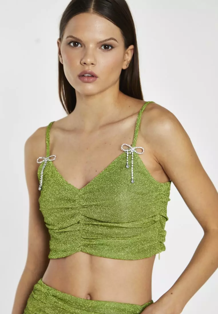 Green Glitter Ruched Crop Top