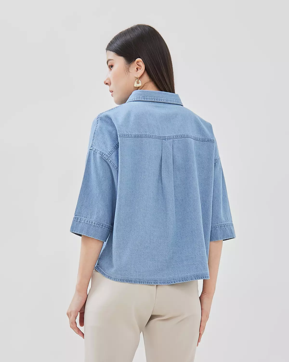WOMEN'S BLUE DENIM V-NECK SHIRT