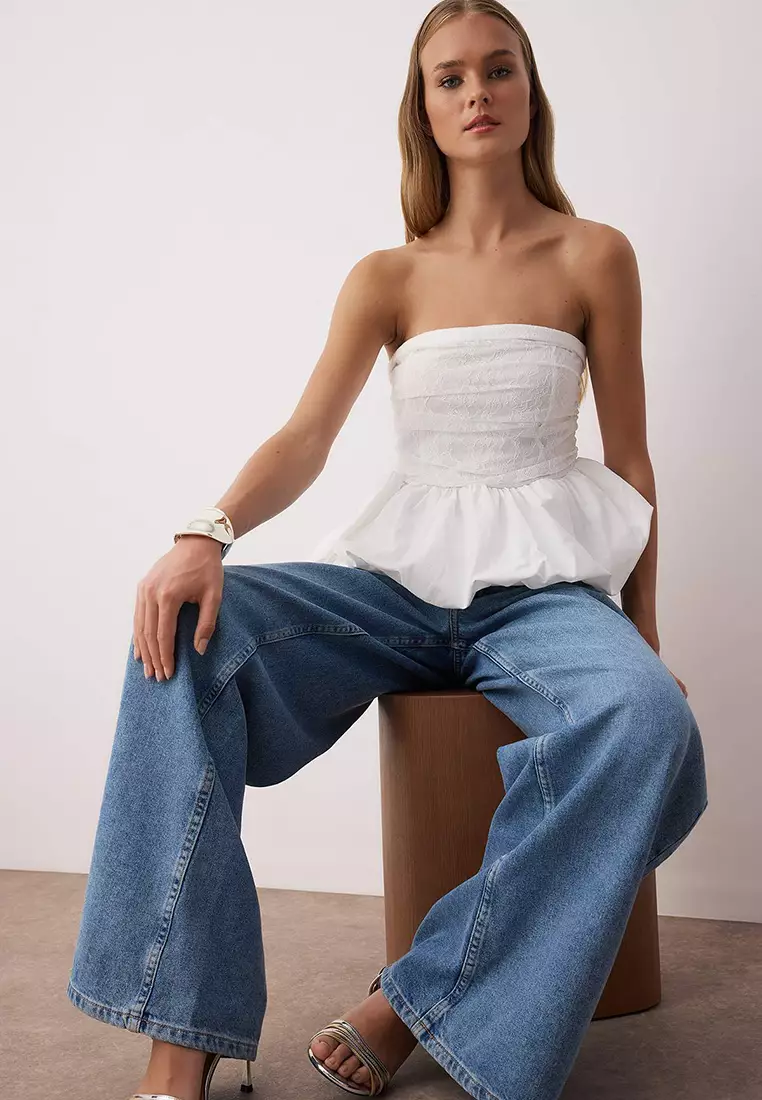 White Strapless Lace Detail Peplum Party Blouse