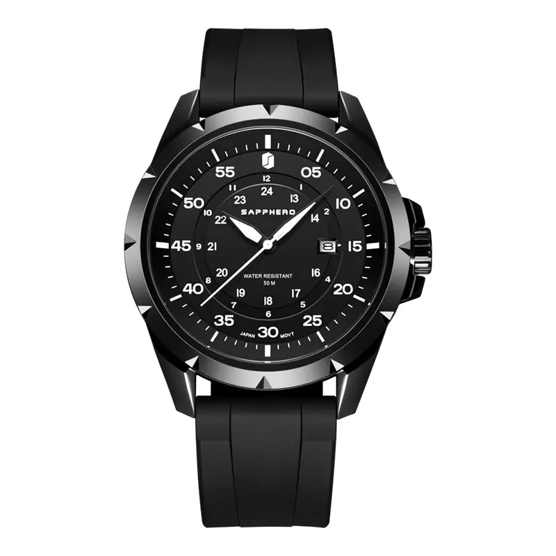 Jam Tangan Pria Sapphero SO-2103-8BLKBLKBLK Black Dial Black Silicone Strap Quartz Watch 5 ATM Water Resistant