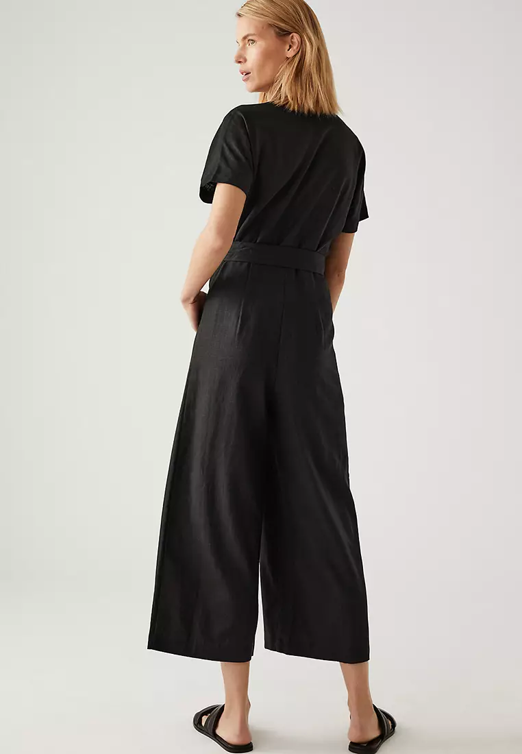 Linen Blend Belted Cropped Jumpsuit