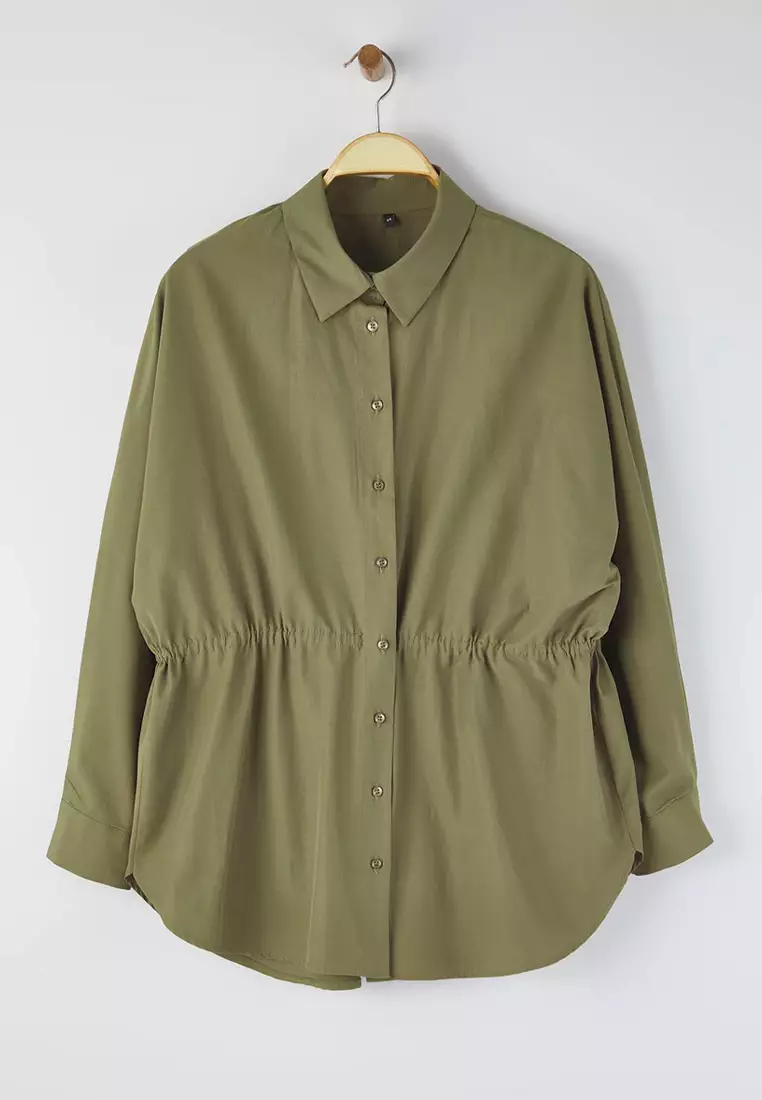 Khaki Pleated Woven Plus Size Shirt