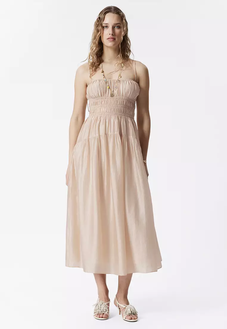 other stories ruched dress & Other Stories ruched asymmetric hem jersey midi dress in chocolate brown