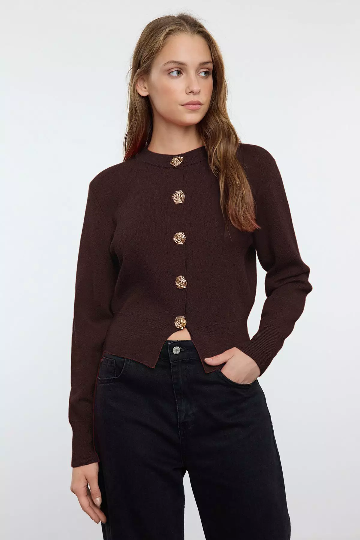 Brown Premium Yarn/Special Yarn Crop Rose Button Jacket Look Knitwear Cardigan