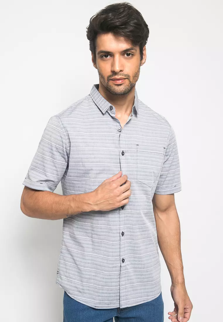 Johnwin - Kemeja Casual - Kemeja Pria - Kemeja Salur - Kemeja Abu - Slim Fit - ASH.670.K880.785.C