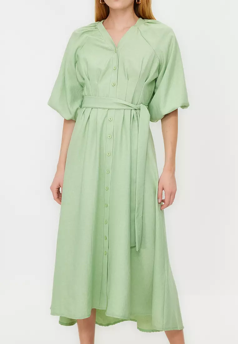 Belted Half Balloon Sleeve Linen Shirt Dress
