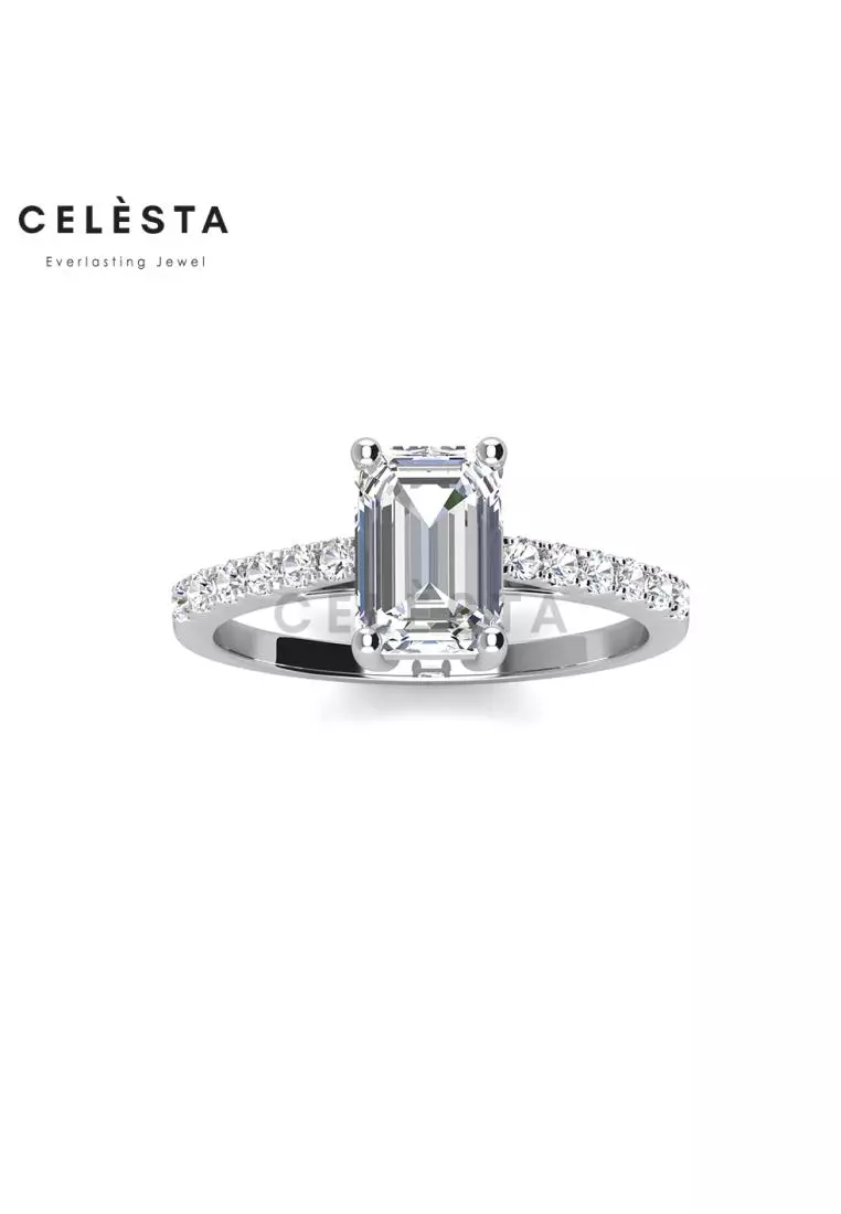 Berlian Moissanite Le Cleavon Emerald Cut Ring [GRA CERTIFICATE MOISSANITE DIAMOND] - Cincin 2CT  Moissanite Diamond 925 Silver Celesta by Her Jewellery